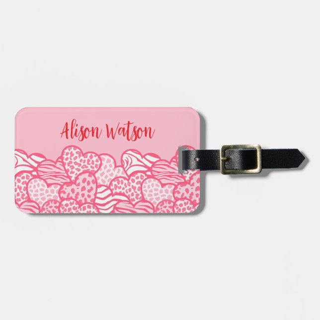 Étiquette À Bagage Girly Blush Rose mignon Animal Imprimer Coeurs Adr (Devant horizontal)