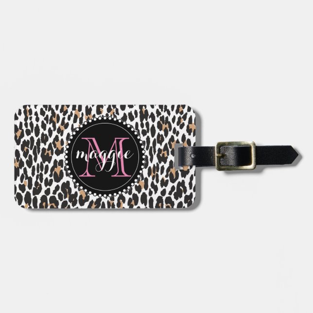 Étiquette À Bagage Girly Faux Empreinte de léopard motif Monogram (Devant horizontal)