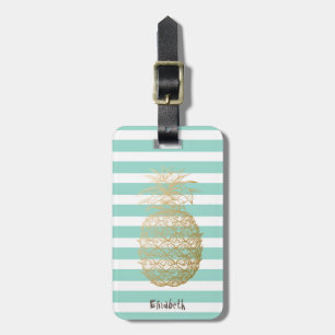 Étiquette À Bagage Girly Gold Ananas Menthe  Rayures Blanches
