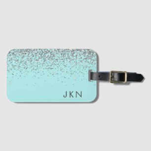 Étiquette À Bagage Girly Monogramme Pailleté Bleu Aqua Teal Argenté