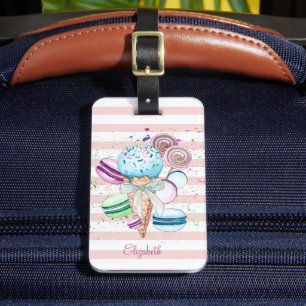 Étiquette À Bagage Glace à l'aquarelle,Macarons,Rayes roses