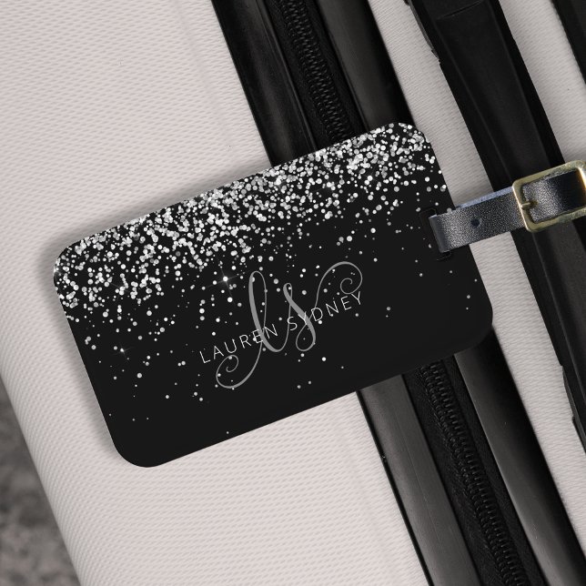 Étiquette À Bagage Glam Black Silver Parties scintillant Nom du monog (Créateur téléchargé)