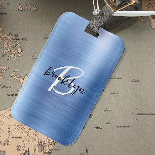 Étiquette À Bagage Glam Bleu Métal brossé Noir Blanc Monogramme