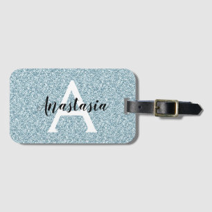 Étiquette À Bagage Glam Bleu Paillettes Argentées Monogramme Nom