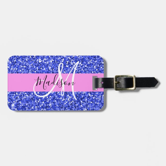 Étiquette À Bagage Glam Dark Blue Parties scintillant rose étincelles (Devant horizontal)