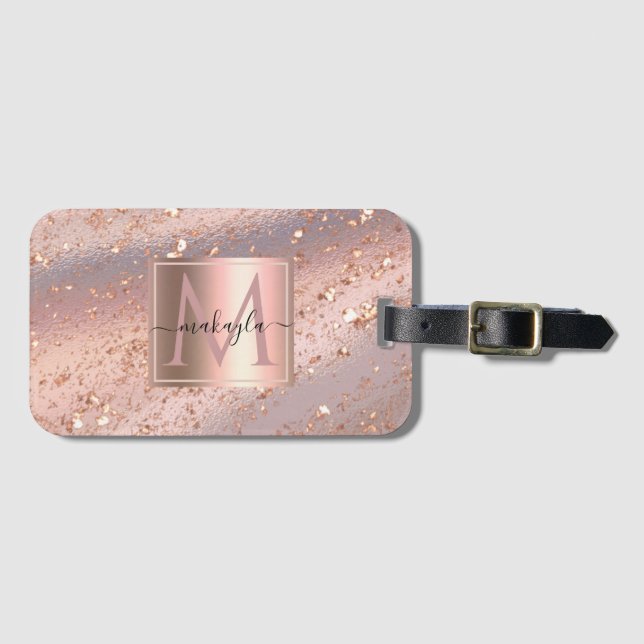 Étiquette À Bagage Glam Girl Rose Gold Flakes Gitter Monogramme (Devant Horizontal)