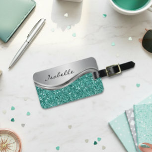 Étiquette À Bagage Glam Parties scintillant Turquoise argent métal pe
