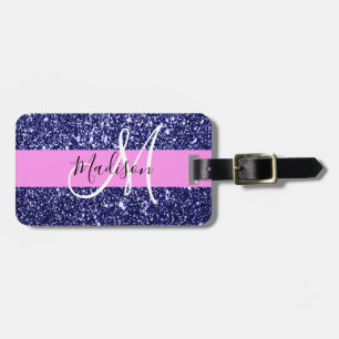 Étiquette À Bagage Glam Rose Bleu Nuit Paillettes Paillettes Nom Mono