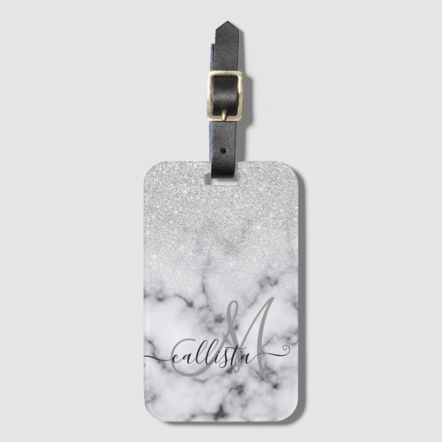 Étiquette À Bagage Glamorous Silver White Glitter Marble Gradient (Devant Vertical)