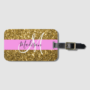 Étiquette À Bagage Glamour Rose et Or Paillettes Monogramme Nom