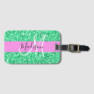 Étiquette À Bagage Glamour Rose et Vert Paillettes Monogramme Nom