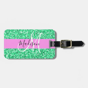 Étiquette À Bagage Glamour Rose et Vert Paillettes Monogramme Nom