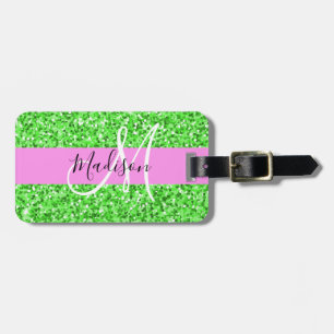 Étiquette À Bagage Glamour Rose et Vert Paillettes Monogramme Nom