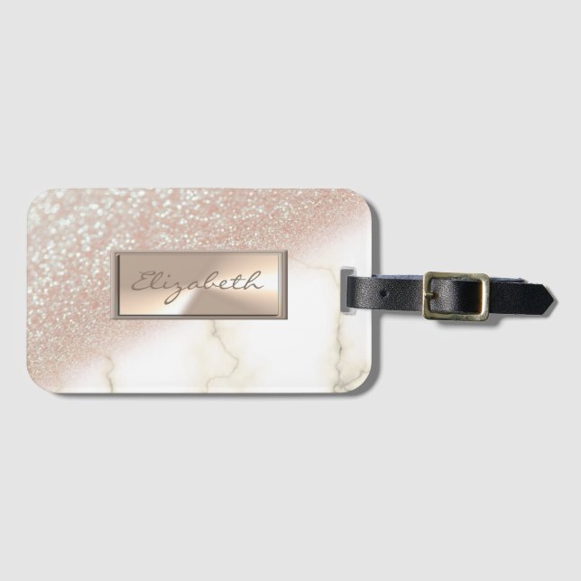 Étiquette À Bagage Glitterie moderne élégante Bokeh Ombre, Marbre (Devant Horizontal)