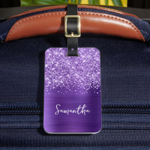 Étiquette À Bagage Glittery Amethyst Purple Glam Nom du script