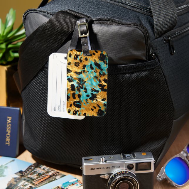Étiquette À Bagage Gold Aqua Black Leopard Animal (Recto & Verso)