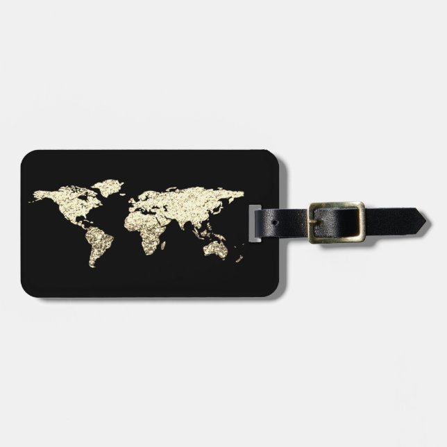 Étiquette À Bagage Gold Black Globe World Map Nom d'adresse (Devant horizontal)