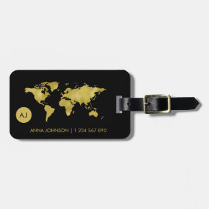 Étiquette À Bagage Gold Foil World Earth Map Travel Monogramme Nom