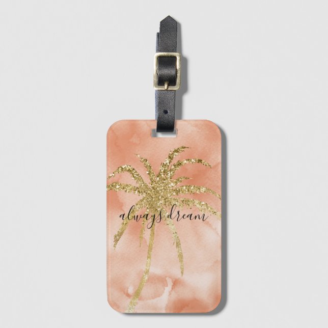 Étiquette À Bagage Gold Glitz Palm Tree Dream Peach Aquarelle      (Devant Vertical)