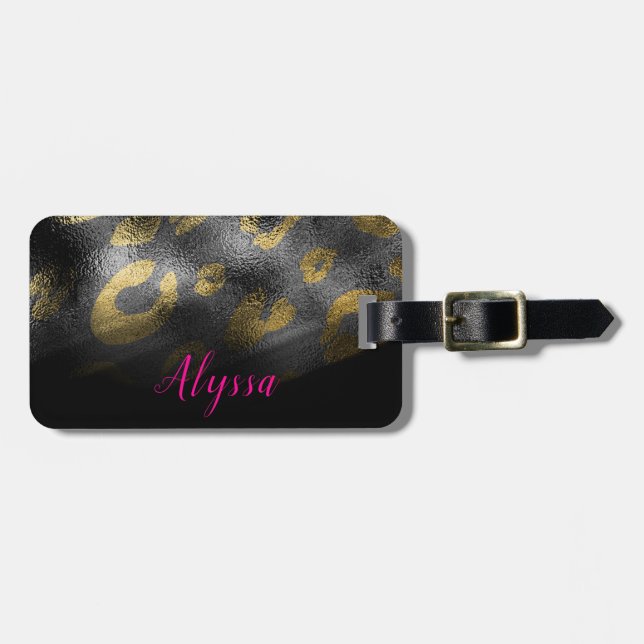 Étiquette À Bagage Gold Leopard Cheetah Exotic Print Black Shadows (Devant horizontal)