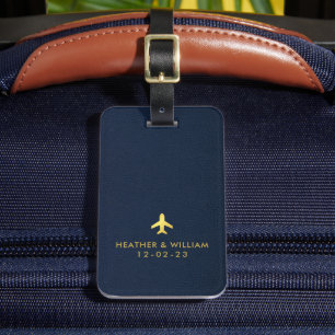 Étiquette À Bagage Gold Navy Blue Leather Destination Mariage Faveurs