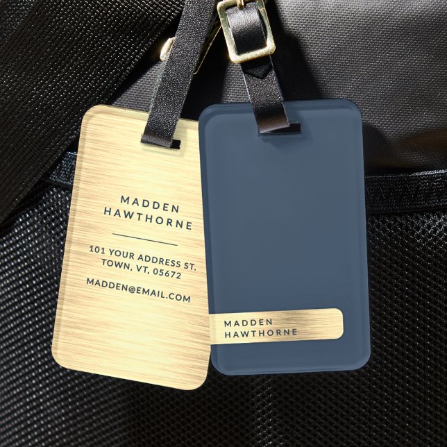 Étiquette À Bagage Gold Navy Blue Moderne Élégant Simple Brossé Métal (Créateur téléchargé)