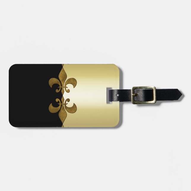 Étiquette À Bagage Golden Fleur-de-lis noir doré monogramme (Devant horizontal)