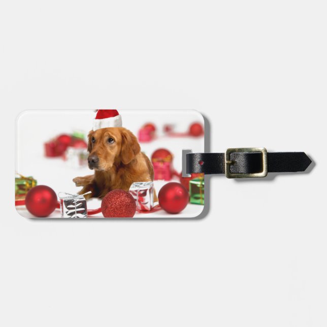 Étiquette À Bagage Golden Retriever Chien W Red Santa Chapel Noël (Devant horizontal)