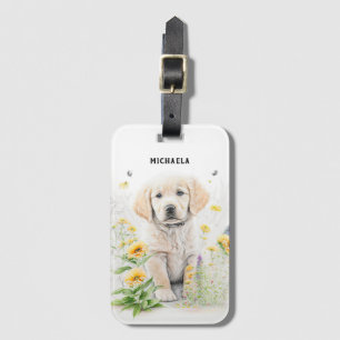 Étiquette À Bagage Golden Retriever Puppy et Floral Nom du monogramme