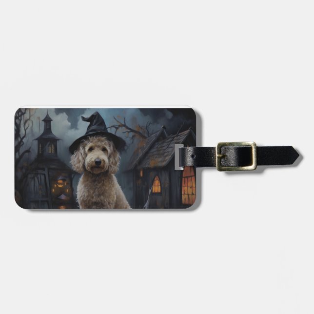 Étiquette À Bagage Goldendoodle Citrouille Halloween effrayant (Devant horizontal)