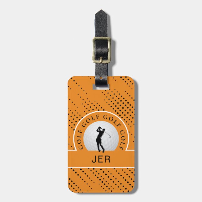 Étiquette À Bagage Golf sur mesure Homme Golfeur Silhouette Orange No (Devant Vertical)