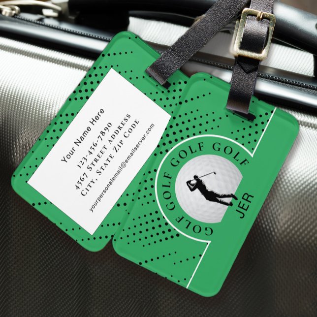 Étiquette À Bagage Golf Voyage Homme Golfer Man Silhouette Vert Noir (Golf Travel Male Golfer Man Silhouette Green Black Luggage)