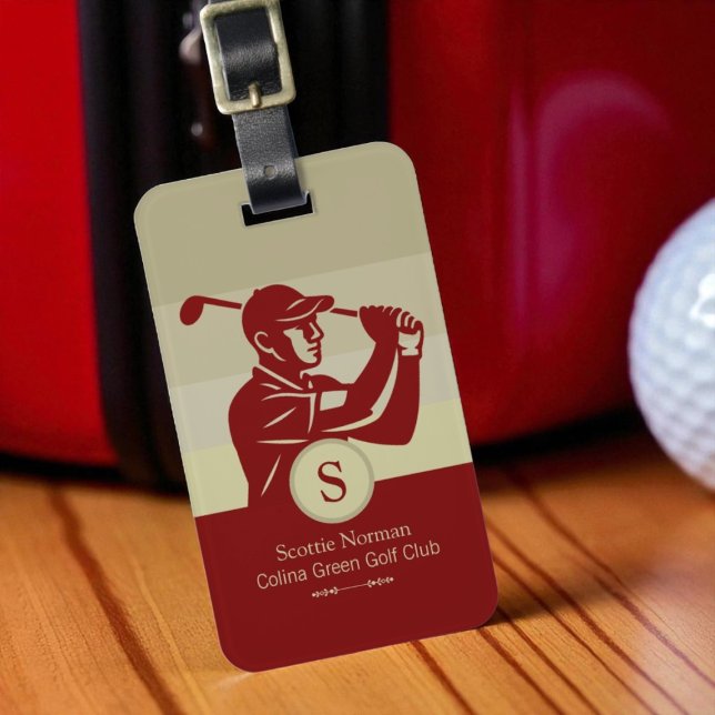 Étiquette À Bagage Golfer with Golf Club Elegant Red (Créateur téléchargé)