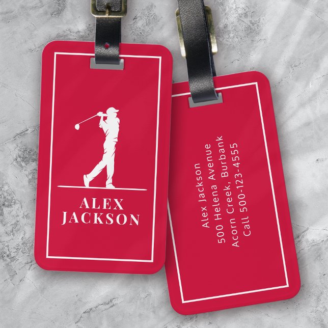 Étiquette À Bagage Golfeur de Monogramme Personnalisé Rouge (Créateur téléchargé)