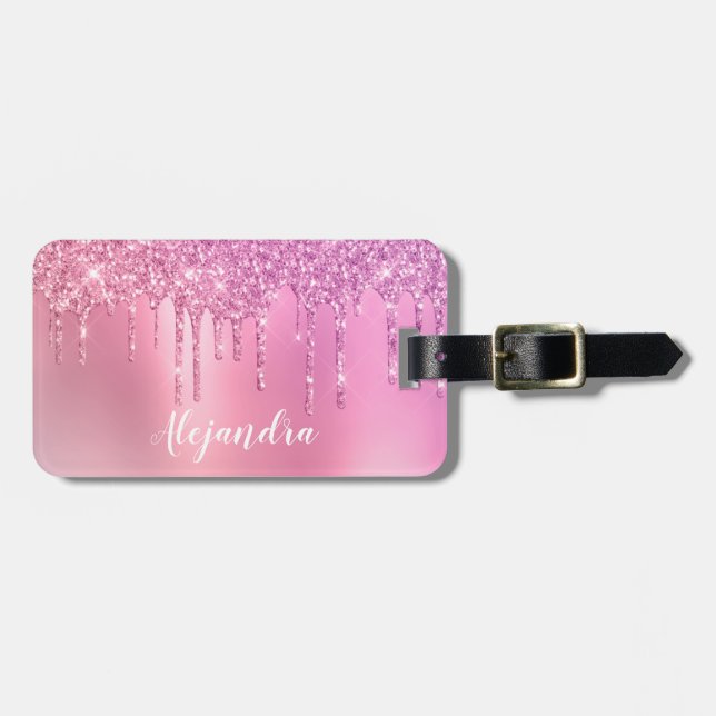 Étiquette À Bagage Gorgeous pink rose gold & purple glitter drips (Devant horizontal)