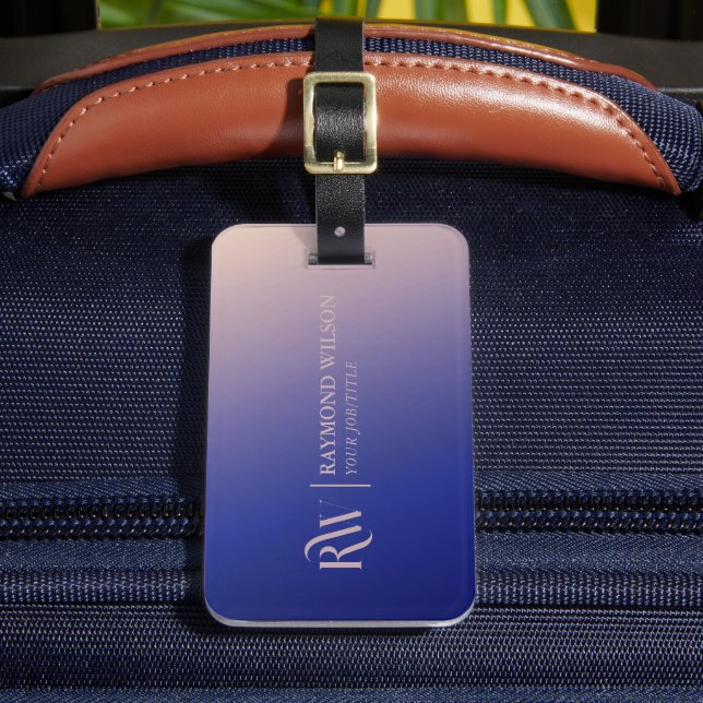 Étiquette À Bagage Gradient Faux Rose Gold et Navy Blue Monogram (Insitu Rectoal 2)