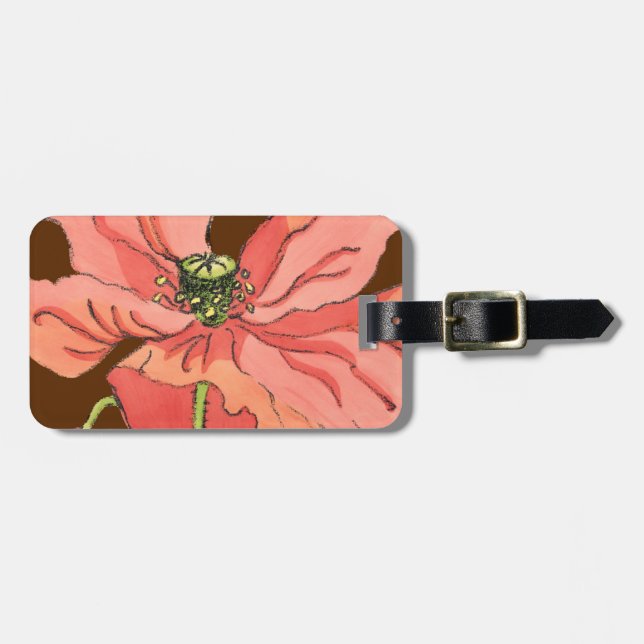 Étiquette À Bagage Grande Fleur rose avec Arrière - plan rouge profon (Devant horizontal)
