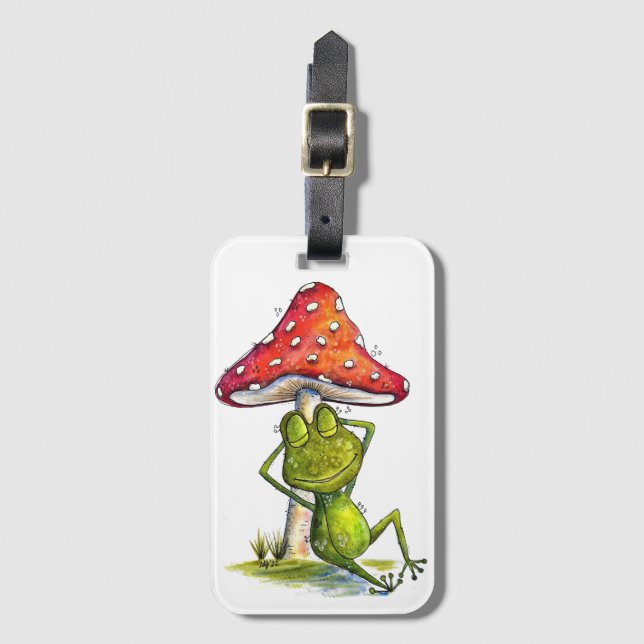 Étiquette À Bagage Grenouille à couchage lunaire sous un champignon (Devant Vertical)