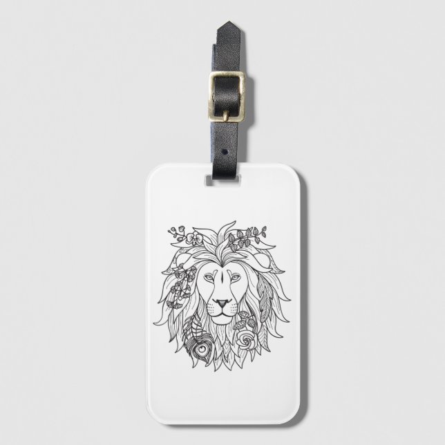 Étiquette À Bagage Griffonnage de lion et de fleurs (Devant Vertical)