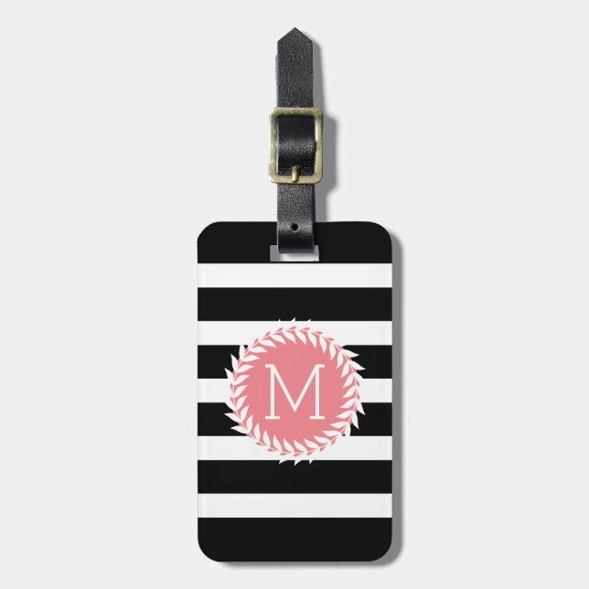 Étiquette À Bagage Grilles noires et blanches monogrammes et couronne (Devant Vertical)