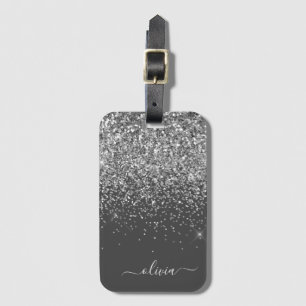 Étiquette À Bagage Gris argenté paillettes scintillantes monogramme n