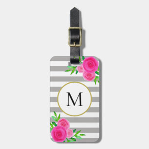 Étiquette À Bagage Gris Blancs Aquarelle rose Monogramme Floral