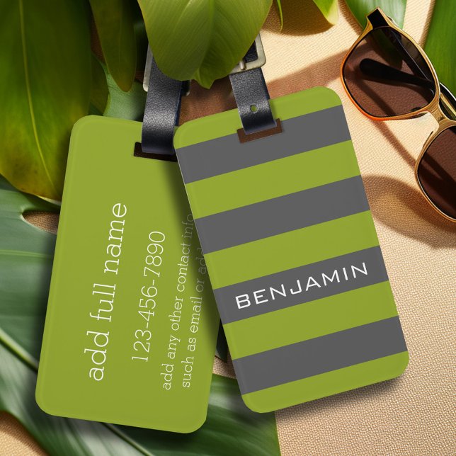 Étiquette À Bagage Gris et vert citron vert avec nom personnalisé (Personalized luggage tag - Modern Stripe Pattern with custom text)