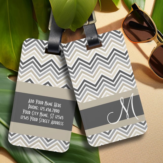 Étiquette À Bagage Gris & Linge Beige Chevron Motif avec Monogramme (Personalized Luggage Tag)