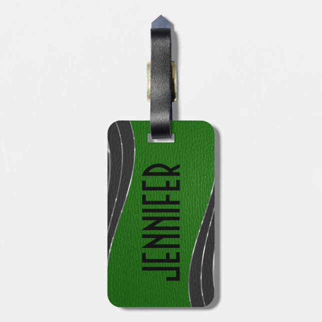 Étiquette À Bagage Gris Monographique Et Cuir Vert 2 Accents Argent (Dos Vertical)