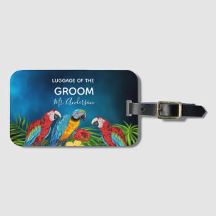Étiquette À Bagage Groom tropical lune de miel perroquet bleu palmier