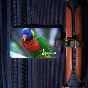 Étiquette À Bagage Gros plan de l'oiseau rouge vert Nom personnalisé