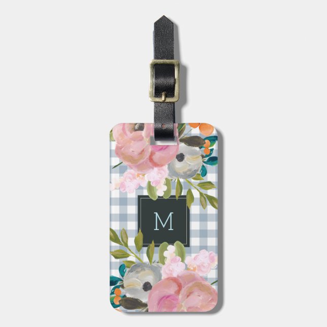 Étiquette À Bagage Guingan floral et bleu d'aquarelle avec le (Devant Vertical)
