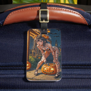 Étiquette À Bagage Halloween Monster Jack-o-Lantern & Bat Vixen Girl