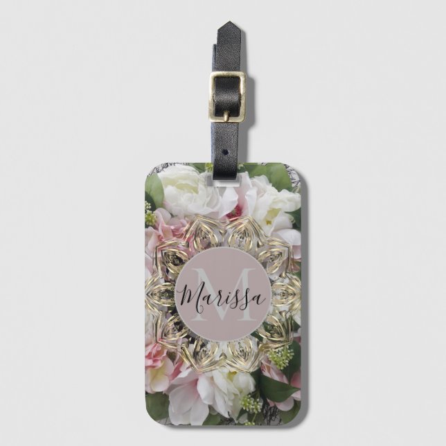 Étiquette À Bagage Hexagon d'or floral Mandala Monogramme personnalis (Devant Vertical)